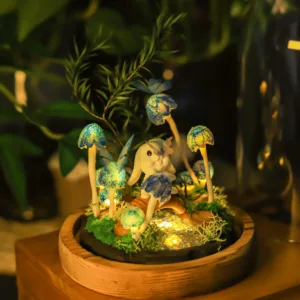 Blue Mushroom Night Light with Cute Rabbit and Butterfly