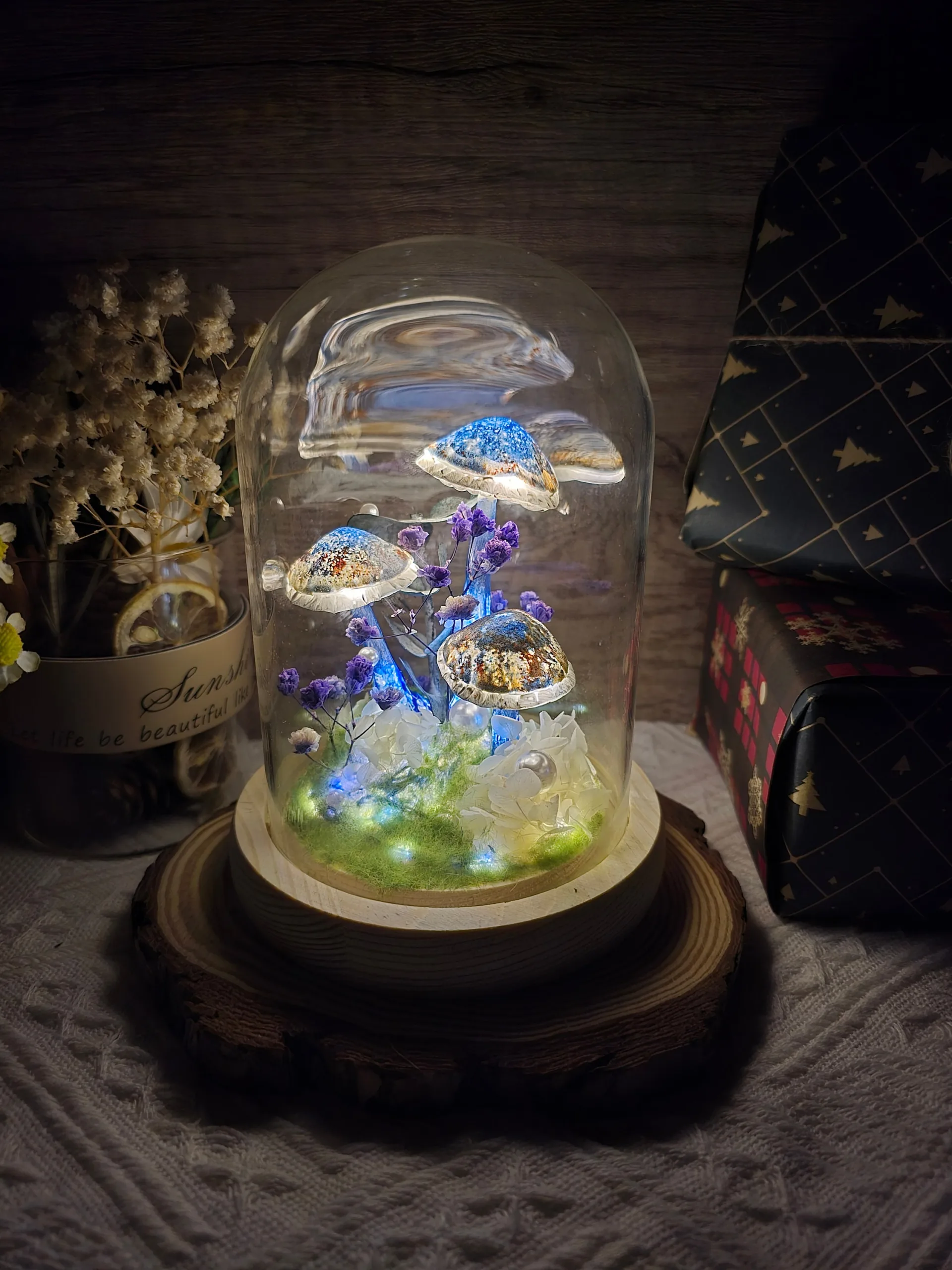 Blue Painted Dried Flower Mushroom Night Light