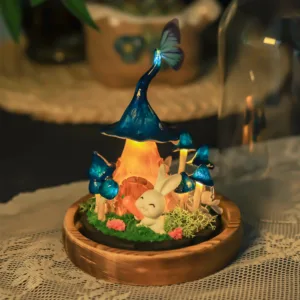 Enchanted Blue Mushroom Night Light with Rabbit Decor