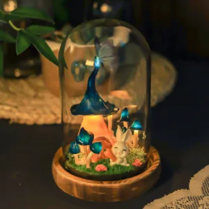 Enchanted Blue Mushroom Night Light with Rabbit Decor