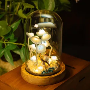 Enchanted Mushroom Night Light with Curious Cat