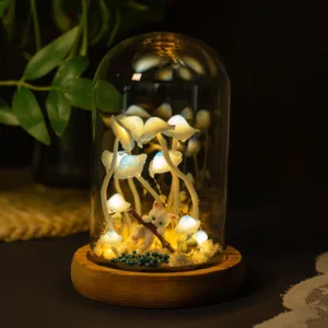Enchanted Mushroom Night Light with Curious Cat
