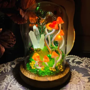 Enchanted Orange Mushroom Night Light with Glowing Crystals