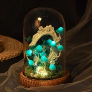 Enchanted Teal Mushroom Night Light with Elf Figure