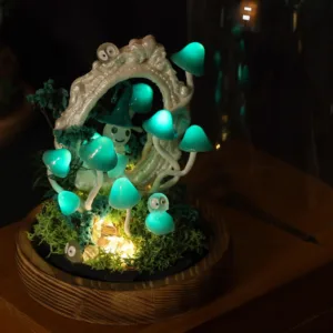 Enchanted Teal Mushroom Night Light with Elf Figure