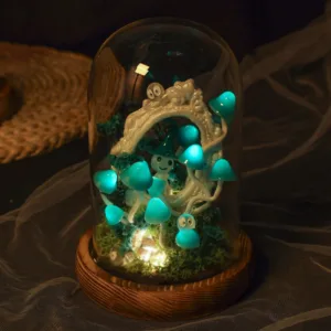 Enchanted Teal Mushroom Night Light with Elf Figure