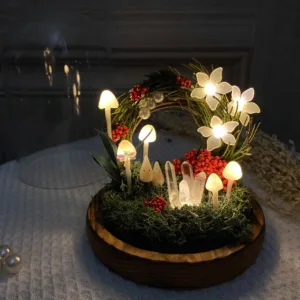 Forest Mushroom Wreath Night Light with Flowers and Crystal