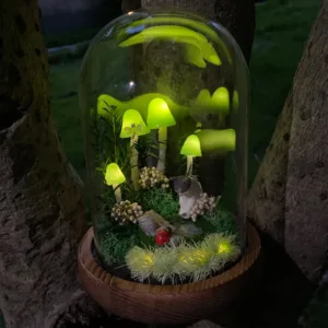 Green Mushroom Night Light with Cat, Ladybug and Dragonfly