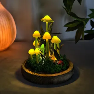 Illuminated Green Cap Mushroom Night Light in Glass Cloche
