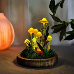 Illuminated Green Cap Mushroom Night Light in Glass Cloche