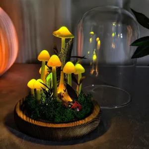 Illuminated Green Cap Mushroom Night Light in Glass Cloche