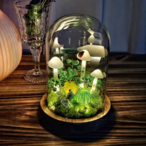 Illuminated White Mushroom Night Light with Cat and Greenery
