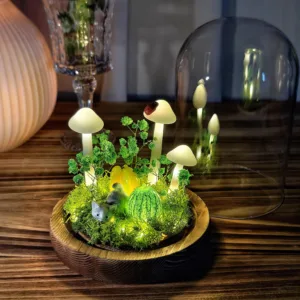 Illuminated White Mushroom Night Light with Cat and Greenery