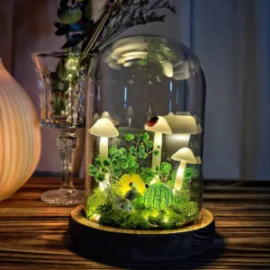 Illuminated White Mushroom Night Light with Cat and Greenery