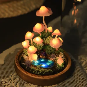 Light Pink Mushroom Night Light with Miniature Pool and Moss