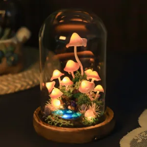 Light Pink Mushroom Night Light with Miniature Pool and Moss