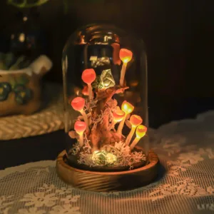 Mushroom Night Light with Crystal and Dried Flower Decor