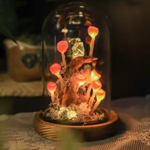 Mushroom Night Light with Crystal and Dried Flower Decor