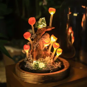 Mushroom Night Light with Crystal and Dried Flower Decor