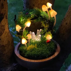 Mushroom Night Light Wreath with Ladybugs and Crystal