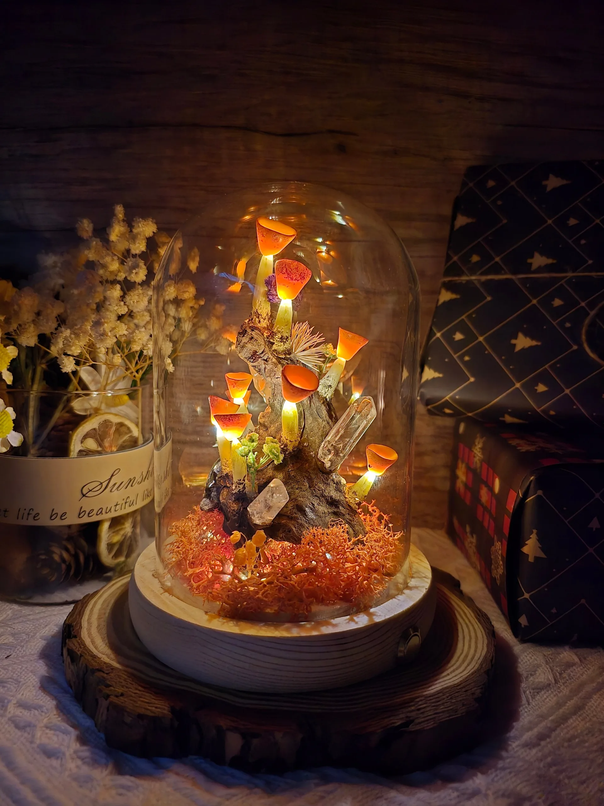 Orange Cap Mushroom Wood Base Night Light