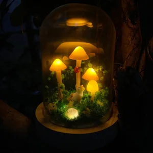 Orange Mushroom Night Light with Cute Cat and Ladybug