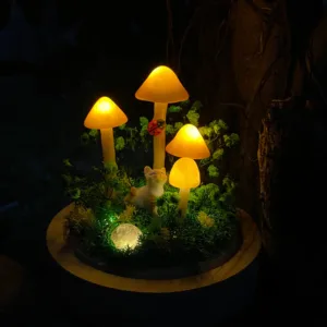 Orange Mushroom Night Light with Cute Cat and Ladybug