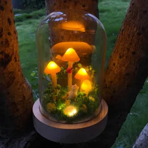 Orange Mushroom Night Light with Cute Cat and Ladybug