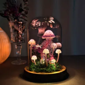 Pink and White Speckled Mushroom Night Light with Dried Flowers