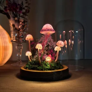 Pink and White Speckled Mushroom Night Light with Dried Flowers
