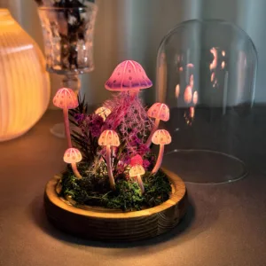Pink and White Speckled Mushroom Night Light with Dried Flowers
