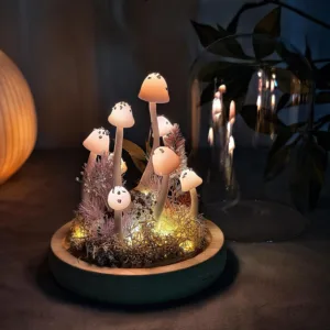 Pink Cap Mushroom Night Light with Hedgehog