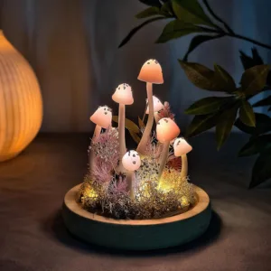 Pink Cap Mushroom Night Light with Hedgehog