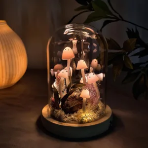 Pink Cap Mushroom Night Light with Hedgehog